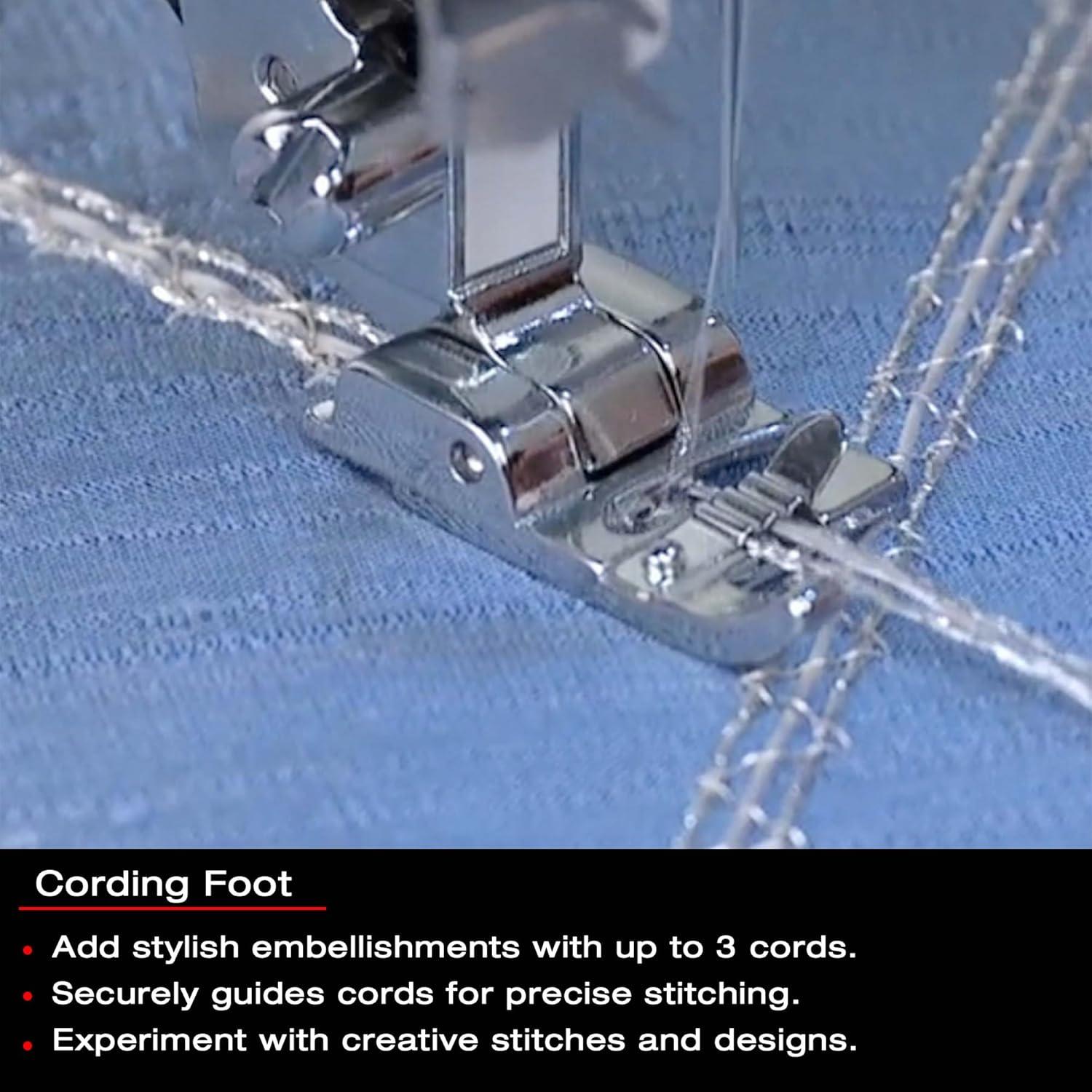 imageSINGER Cording Presser Foot  Decorative Stitching ampamp Surface Embellishments  Works with Cords Braids Floss ampamp Yarn  3Hole Guide for Creative Stitching