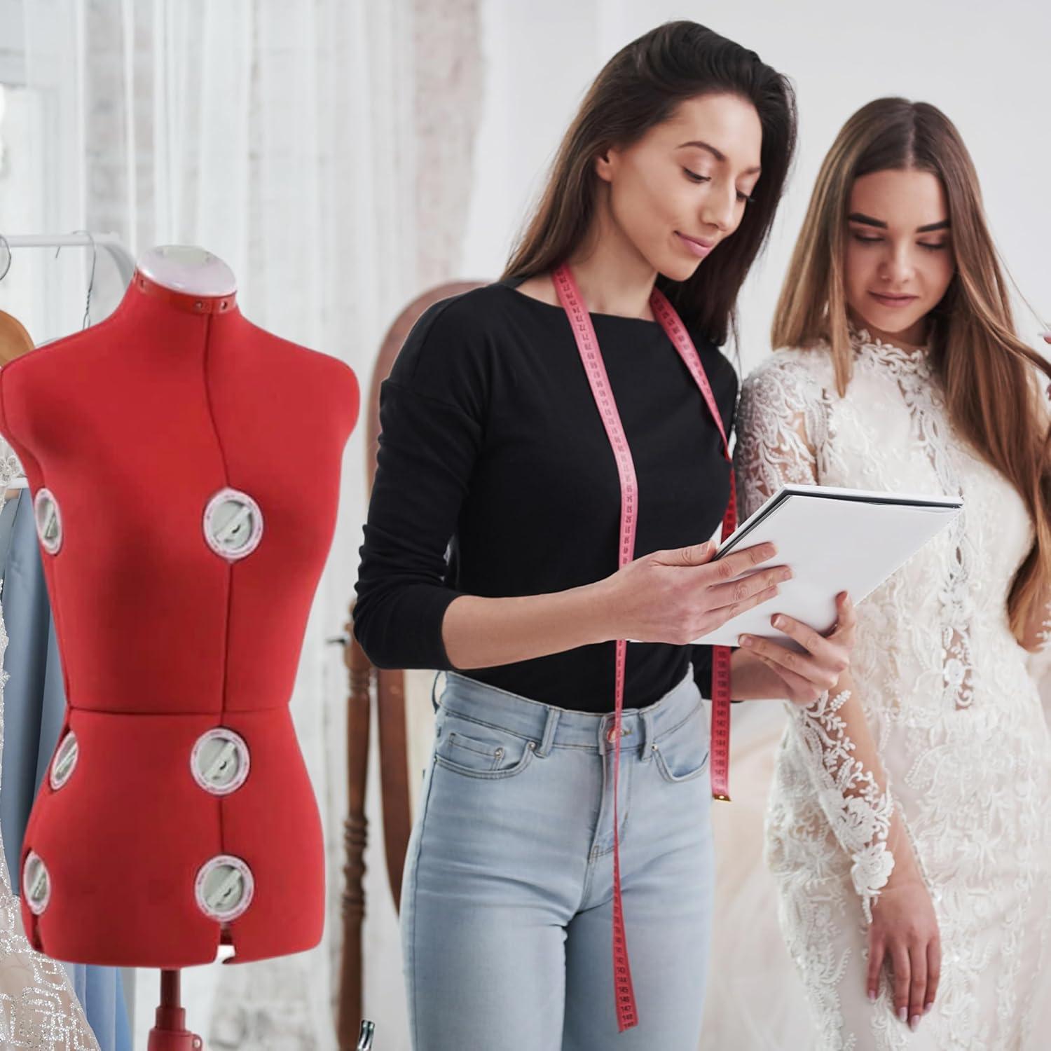 imageSINGER Female Adjustable Red Dress Form Fits Sizes 410 Pinnable Mannequin Body Torso with 360 Degree Hem Guide FoamBacked Fabric Exterior 12 Dials TriPod StandRed
