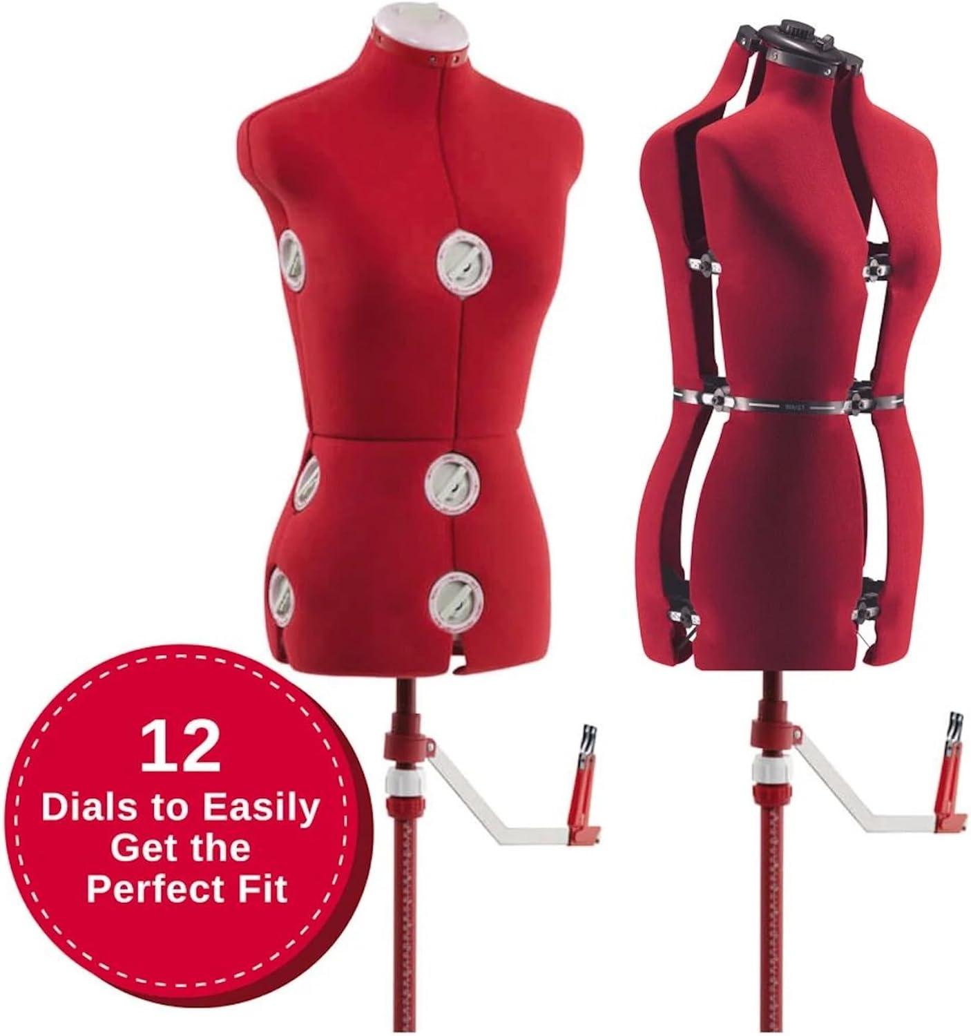 imageSINGER Female Adjustable Red Dress Form Fits Sizes 410 Pinnable Mannequin Body Torso with 360 Degree Hem Guide FoamBacked Fabric Exterior 12 Dials TriPod StandRed