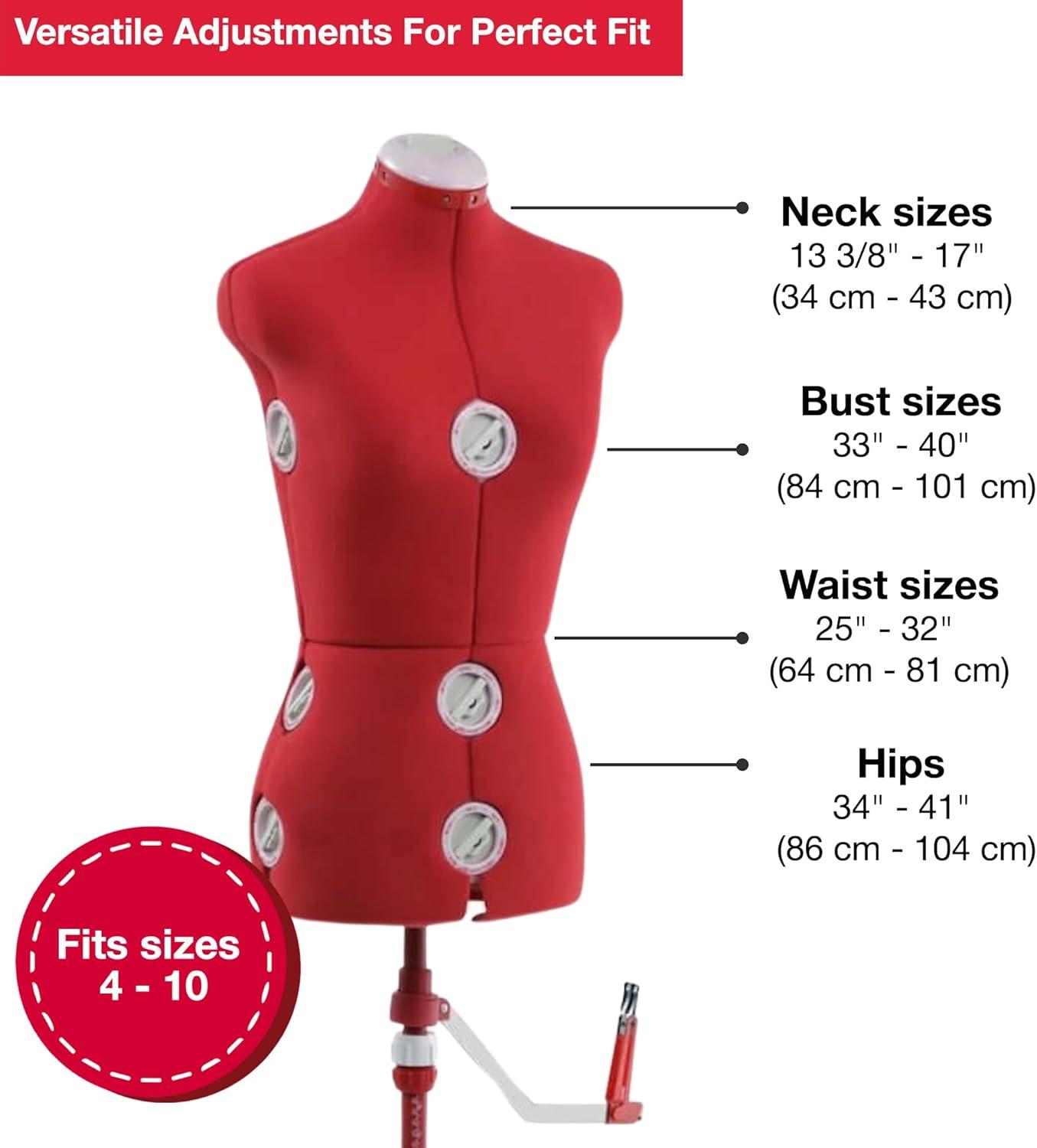 imageSINGER Female Adjustable Red Dress Form Fits Sizes 410 Pinnable Mannequin Body Torso with 360 Degree Hem Guide FoamBacked Fabric Exterior 12 Dials TriPod StandRed