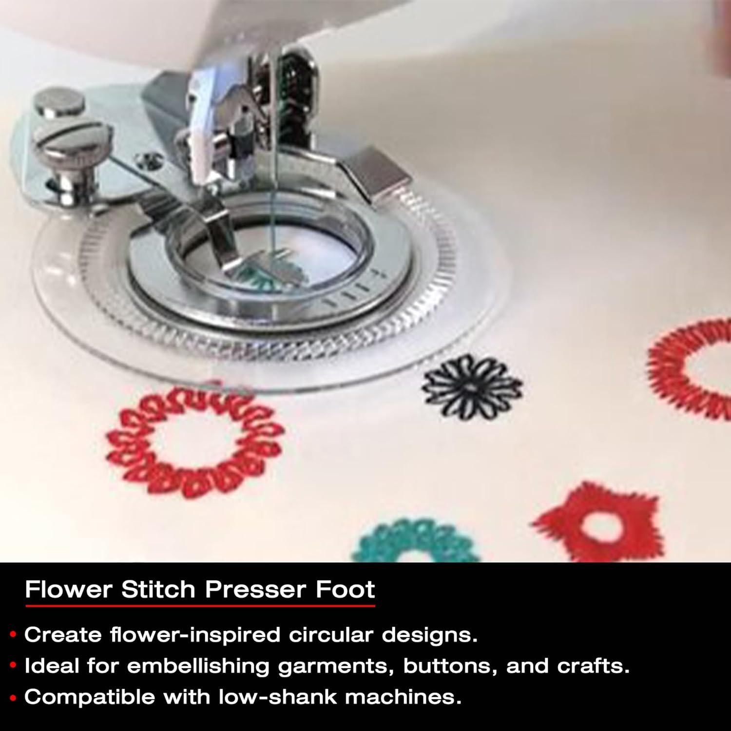imageSINGER Flower Stitch Presser Foot  Create FlowerLike Circle Design  Perfect for Appliqu Covered Buttons and Fabric Embellishments  Adjustable Sizes  Compatible with LowShank Sewing Machines