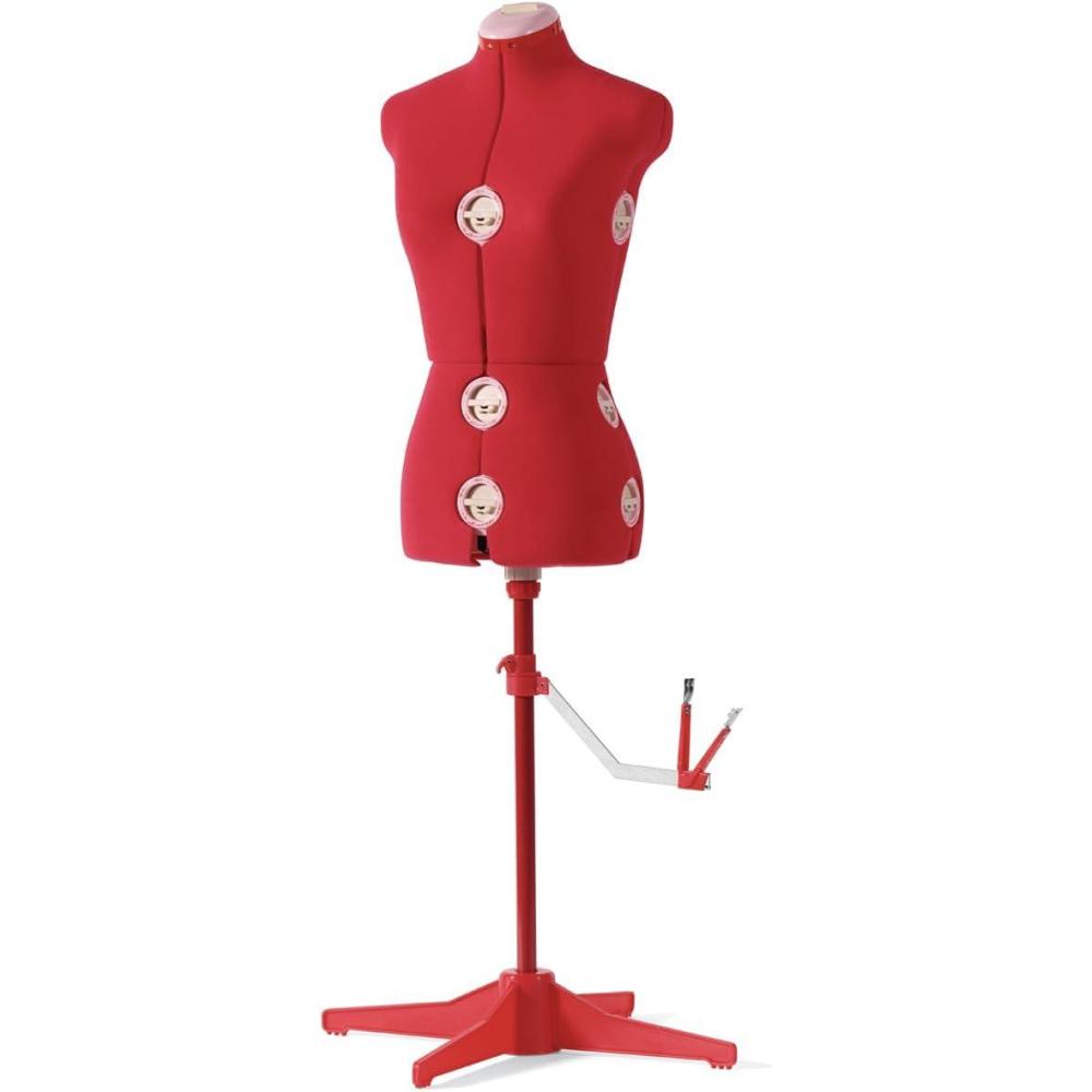 imageSINGER Female Adjustable Red Dress Form Fits Sizes 410 Pinnable Mannequin Body Torso with 360 Degree Hem Guide FoamBacked Fabric Exterior 12 Dials TriPod StandRed