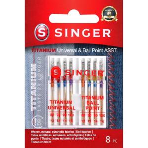 imageSINGER 04806 Titanium Universal Regular and Ball Point Machine Needles Combo Pack 8Count