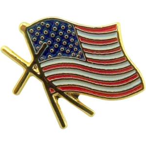 imageSINGER Gold Tone and Enamel American Flag with Cross Lapel Pin 12 Inch