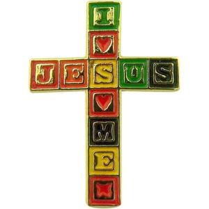 imageSINGER Gold Tone and Enamel Jesus Loves Me Blocks Cross Lapel Pin 1 Inch
