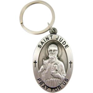 imagePewter Patron Saint Jude Pray For Us Oval Pendant Key Chain 2 14 Inch