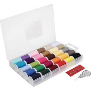 imageSINGER Polyester Sewing Thread Set  30 Assorted Colors 50 Yards per Mini Thread Spool Sewing Kit Includes 5 Large Eye Hand Needles 1 Needle Threader Suitable for Hand and Machine Sewing