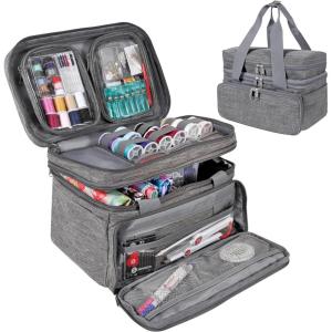 imageSINGER Sewing Accessories Organizer Bag Only  Double Layer Portable Sewing Storage Bag  2 Detachable Pouches and 18 Compartments Large Sewing Supplies ampamp Crafting Carryall GrayGray