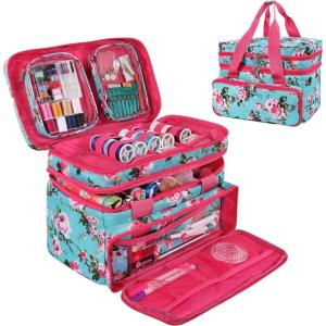 imageSINGER Sewing Accessories Organizer Bag Only  Double Layer Portable Sewing Storage Bag  2 Detachable Pouches and 18 Compartments Large Sewing Supplies ampamp Crafting Carryall GrayTurquoise Floral