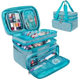 imageSINGER Sewing Accessories Organizer Bag Only  Double Layer Portable Sewing Storage Bag  2 Detachable Pouches and 18 Compartments Large Sewing Supplies ampamp Crafting Carryall GrayTeal