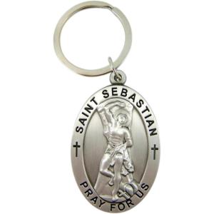 image:imagePewter Patron Saint Sebastian Pray For Us Oval Pendant Key Chain 2 14 Inch