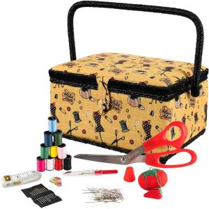 image:imageSINGER 07230 Sewing Basket with Sewing Kit Needles Thread Pins Scissors and Notions FlorenceYellow Vintage