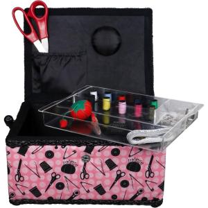 image:imageSINGER 07276 Sewing Basket with Sewing Kit Accessories Pink amp Black